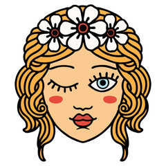 traditional tattoo of a maidens face winking