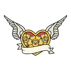 traditional tattoo of a flying heart with flowers and banner