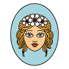 traditional tattoo of a maiden with crown of flowers