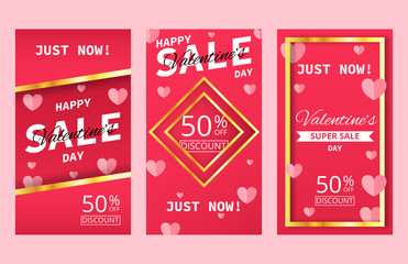 Fototapeta na wymiar Set of Happy Valentine's Day Sale banner, poster template. Holiday background with border frame. Vertical poster, flyer, greeting card, header for website.