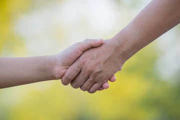 Close up of Mother and son holding hand in hand . Isolated on nature background.