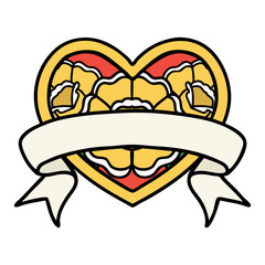 traditional tattoo of a heart and banner with flowers