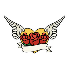 Obraz premium traditional tattoo of a flying heart with flowers and banner