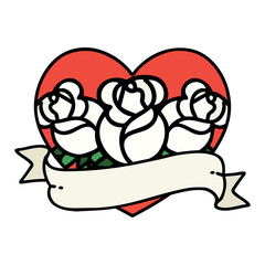 traditional tattoo of a heart and banner with flowers