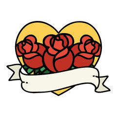 traditional tattoo of a heart and banner with flowers