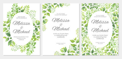 Wedding invitation with green leaves border. Floral invite card template set. Vector illustration..