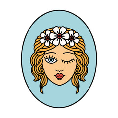 traditional tattoo of a maiden with crown of flowers winking