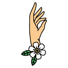 traditional tattoo of a hand and flower