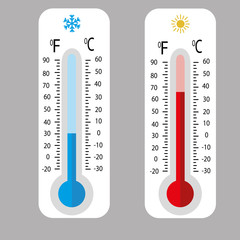 Celsius and fahrenheit meteorology thermometers measuring heat and cold, vector illustration. Thermometer equipment showing hot or cold weather.