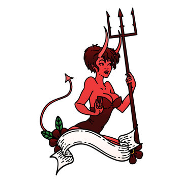 tattoo of a pinup devil girl with banner