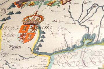 Detail of an old map illustrated with the shield of Castilla y León
