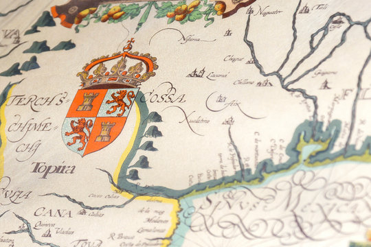 Detail of an old map illustrated with the shield of Castilla y Le&oacute;n