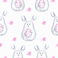 Cute, adorable bunny with egg seamless pattern for easter design. Funny, hand drawn watercolor illustration in clipart style for print, decoration kids playroom or gift paper. Isolated on white.