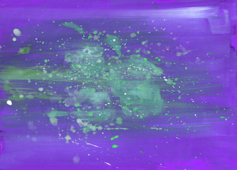 Obraz na płótnie Canvas Grunge purple abstract background with turquoise paint blots. Hand drawn wallpaper horizontal design. Bright trendy colors. Contemporary art.