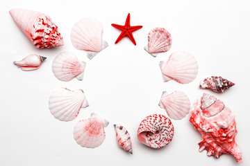 Hello Summer pattern background. Frame of White seashells, red starfish isolated on white backdrop. Top view travel or vacation concept. Flat lay