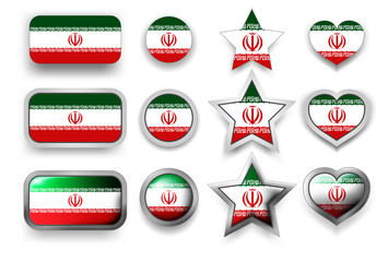 Set of Iran vector labels - square button, circle button, star and heart buttons in flag colors green, red, white for flyer, poster or any holiday design
