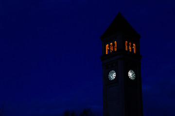 The Great Northern Clock Tower at night in Riverfront Park in Spokane, Washington USA