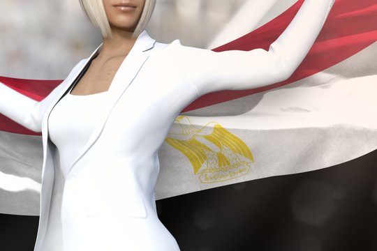 beautiful business lady holds Egypt flag in hands behind her back on the office building background - flag concept 3d illustration