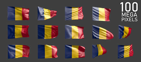 Fototapeta na wymiar Chad flag isolated - different realistic renders of the waving flag on grey background - object 3D illustration