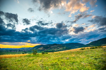 Storm summer clouds in the sunflowers field