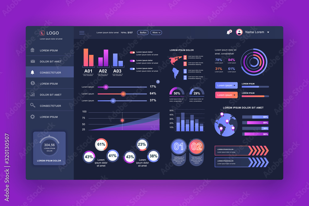 Poster Dashboard UI. Admin panel vector design template with infographic elements, HUD diagram, info graphics. Website dashboard for UI and UX design web page. Dark style. Vector illustration.