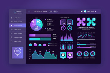 Dashboard UI. Admin panel vector design template with infographic elements, HUD diagram, info graphics. Website dashboard for UI and UX design web page. Dark style. Vector illustration.