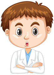 Cute boy in lab gown on white background