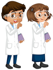 Fototapeta premium Boy and girl in science gown standing on white background