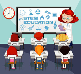 Classroom scene with science teacher and students learning