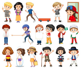 Large set of boys and girls doing different activity on white background