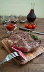 fried steak medium rare with red wine