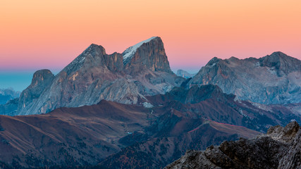 Fototapeta na wymiar The Marmolada mountain after sunset, view from the Catinaccio massif, Dolomites (IT)