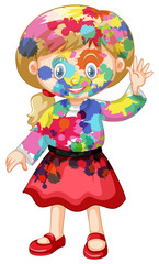 Girl with happy smile covered herself with watercolor paints