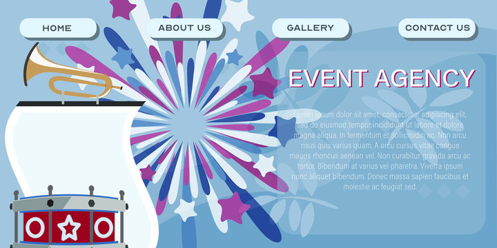 Event agency company site template. Event management header poster design. Vector illustration of events planning services