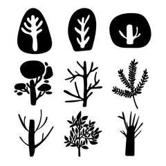 Fototapeta na wymiar Collection of different trees silhouettes. Shapes of Christmas stylized trees. Stumps and bare branches. Needles and branches. Cartoon style and scribble. Botanical motifs of nature