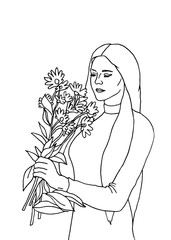 Beautiful girl with long hair holding a bouquet of yellow flowers. Spring, Happy woman's day. Happy Mother's Day. Vector illustration.
