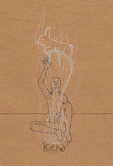 Esoteric and magic illustration of a human in graphics. Shaman communicates with spirits. Figure black pen isolated background