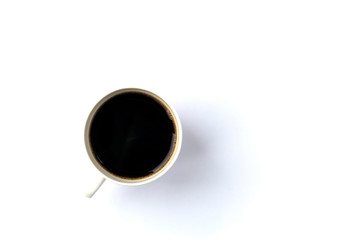 White cup of black coffee isolated on white with large copy space. 