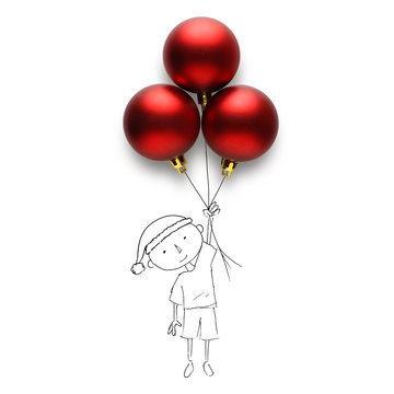 Conceptual boy in a santa hat holding a bunch of balloons