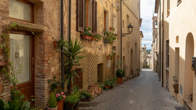 Street through medieval town, Bibbona, Livorno, Tuscany, Italy