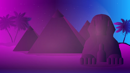 Futuristic neon Egypt. Cheops pyramids, Egyptian sphinx, desert. 