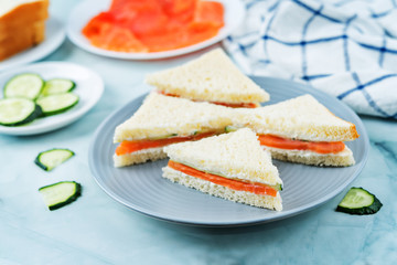 Smoked salmon ricotta cheese cucumber tea sandwiches