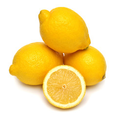 Lemon whole and slice fruit isolated on white background. Perfectly retouched, full depth of field on the photo. Top view, flat lay