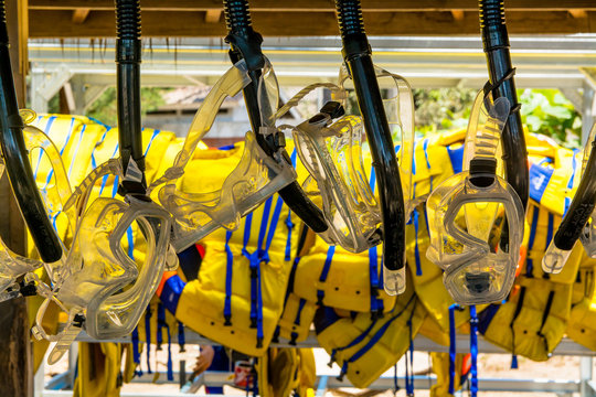 Close-Up Of Swimming Goggles Hanging On Outdoors