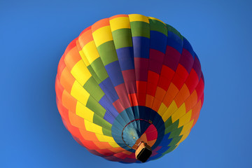 multi-colored hot air balloon against the blue sky close up 