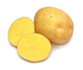 Young potato and slice isolated on white background. Harvest new. Perfectly retouched, full depth...