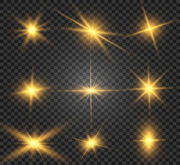 Set of bright beautiful stars. Light effect. Bright Star. Beautiful light to illustrate. Christmas star. White glitter sparkles with special light effect. Vector sparkles on a transparent background.