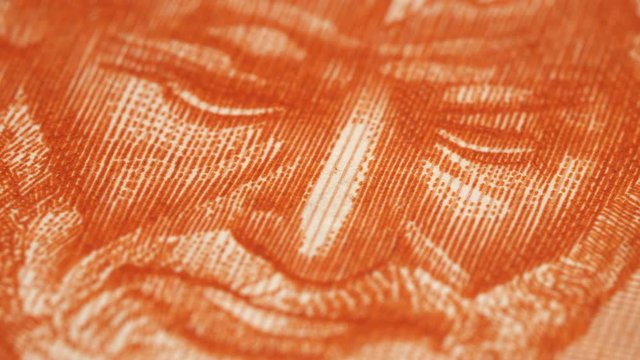 Aristotle portrait on 10000 Greece drachma (1947) banknote rotating. Genius Ancient Greek philosopher, tutor of Alexander the Great. Low angle, macro. 4K, 422 10 bit