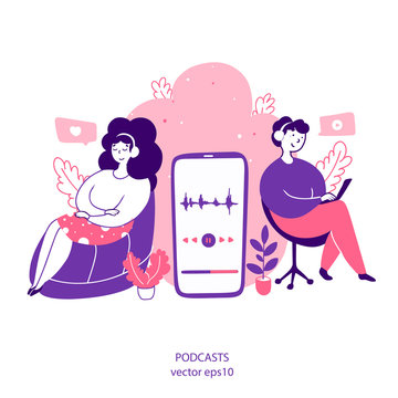 People listening to podcasts online flat vector yellow illustration