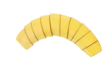 Sliced banana isolated on white background. Top view.                     